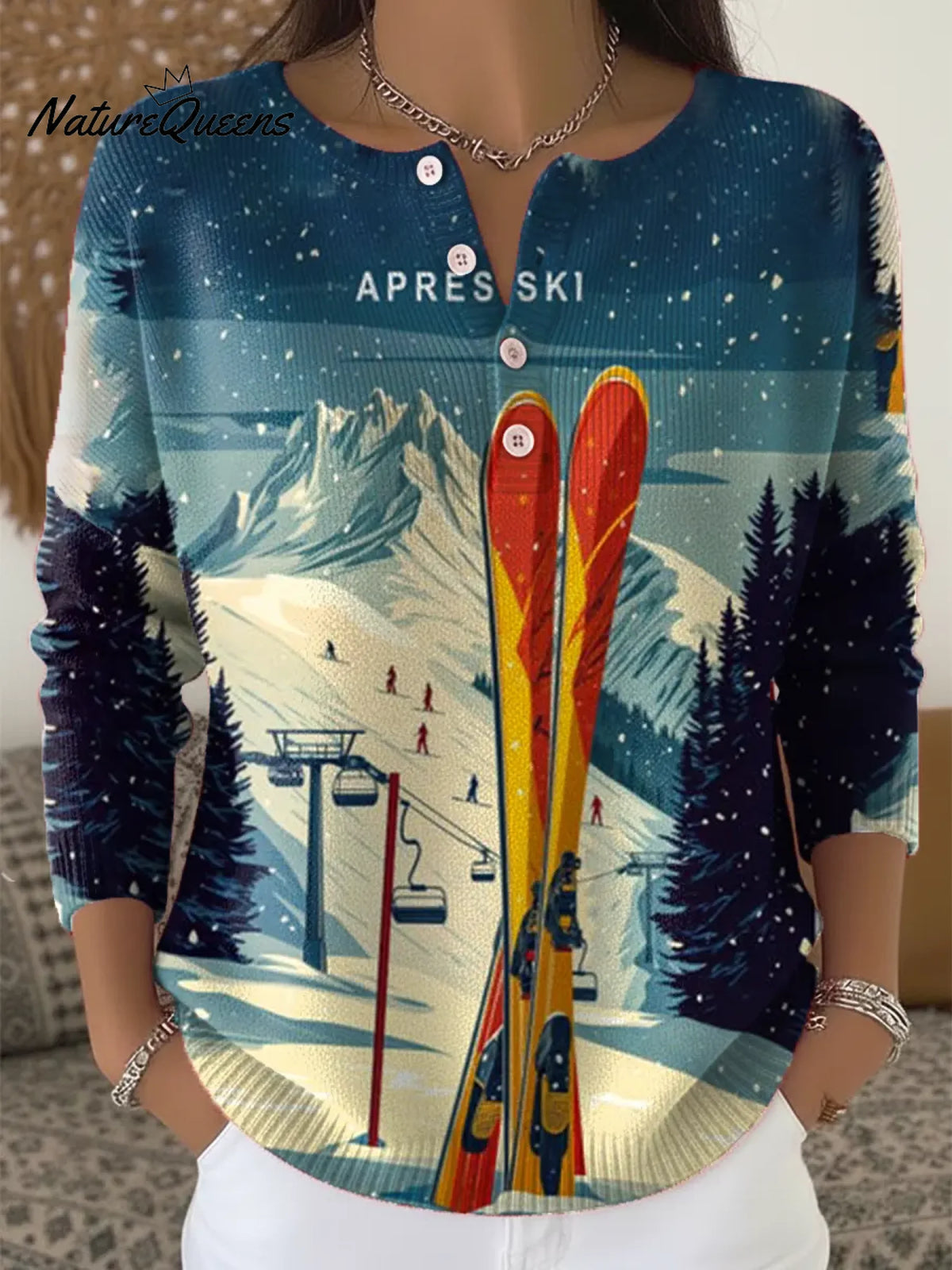 Women's Christmas Skiing Print Buttoned Cardigan Sweater