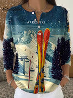 Women's Christmas Skiing Print Buttoned Cardigan Sweater