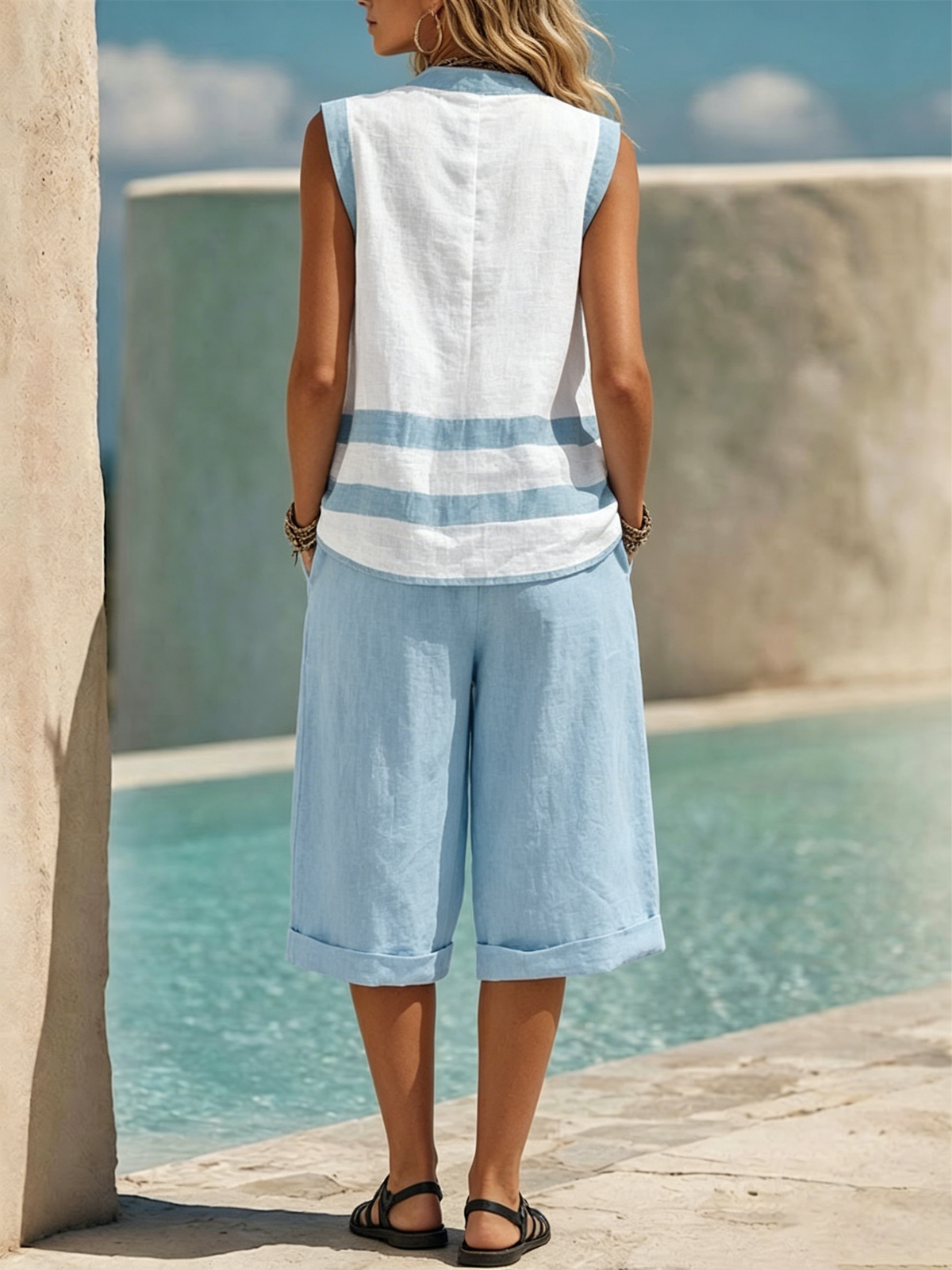 Two-piece Set: Color-block Striped V-neck Sleeveless Top + Cotton-linen Wide-leg Knee-length Shorts With Cuffed Hems.