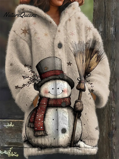 Women's Christmas Snowman Art Print Casual Plush Warm Coat