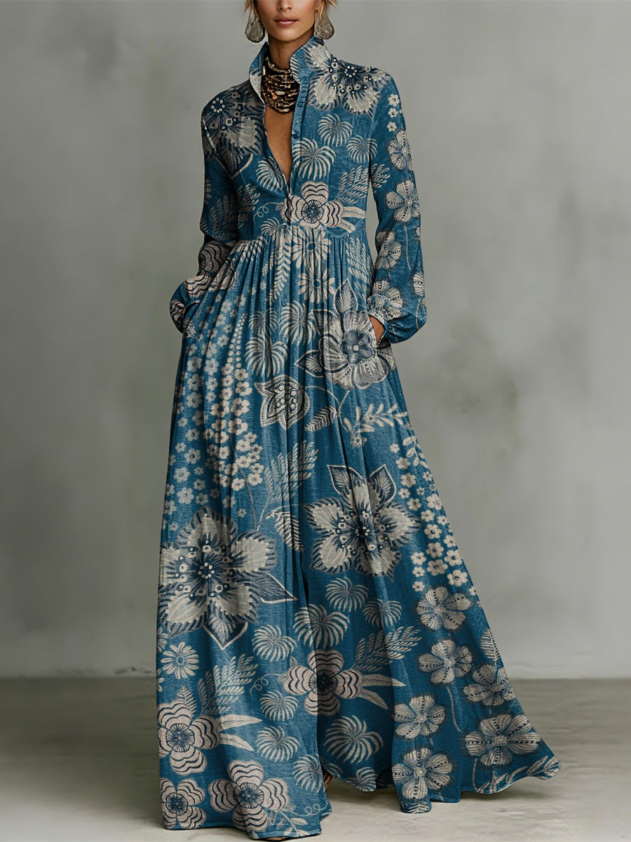 Retro Floral Decorative Pattern Women's Long Sleeve Shirt Collar Dress