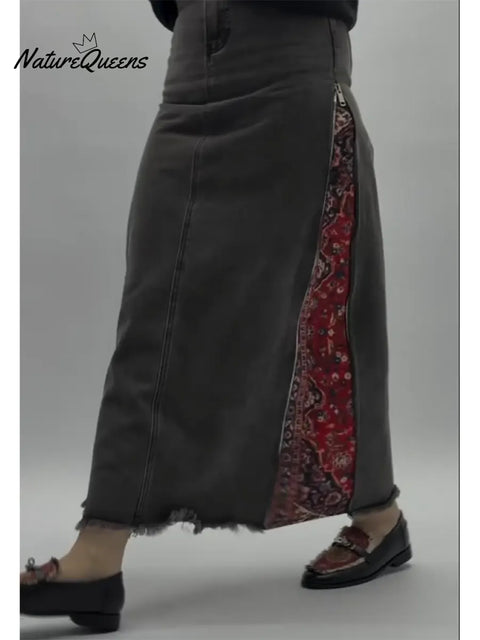 Women's Denim Patchwork Print Casual Zipper Cotton Midi Skirt