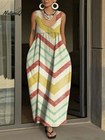 Women's Simple Lines Pattern Art Print Casual Cotton Denim Dress