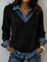 Casual Patchwork Denim Knit Top