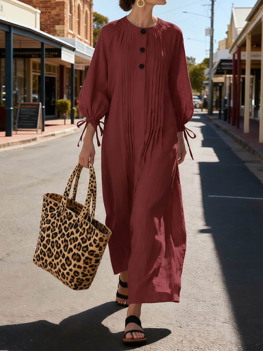 Women's Solid Color Round Neck Long-sleeved Casual Loose Pleated Cotton And Linen Dress