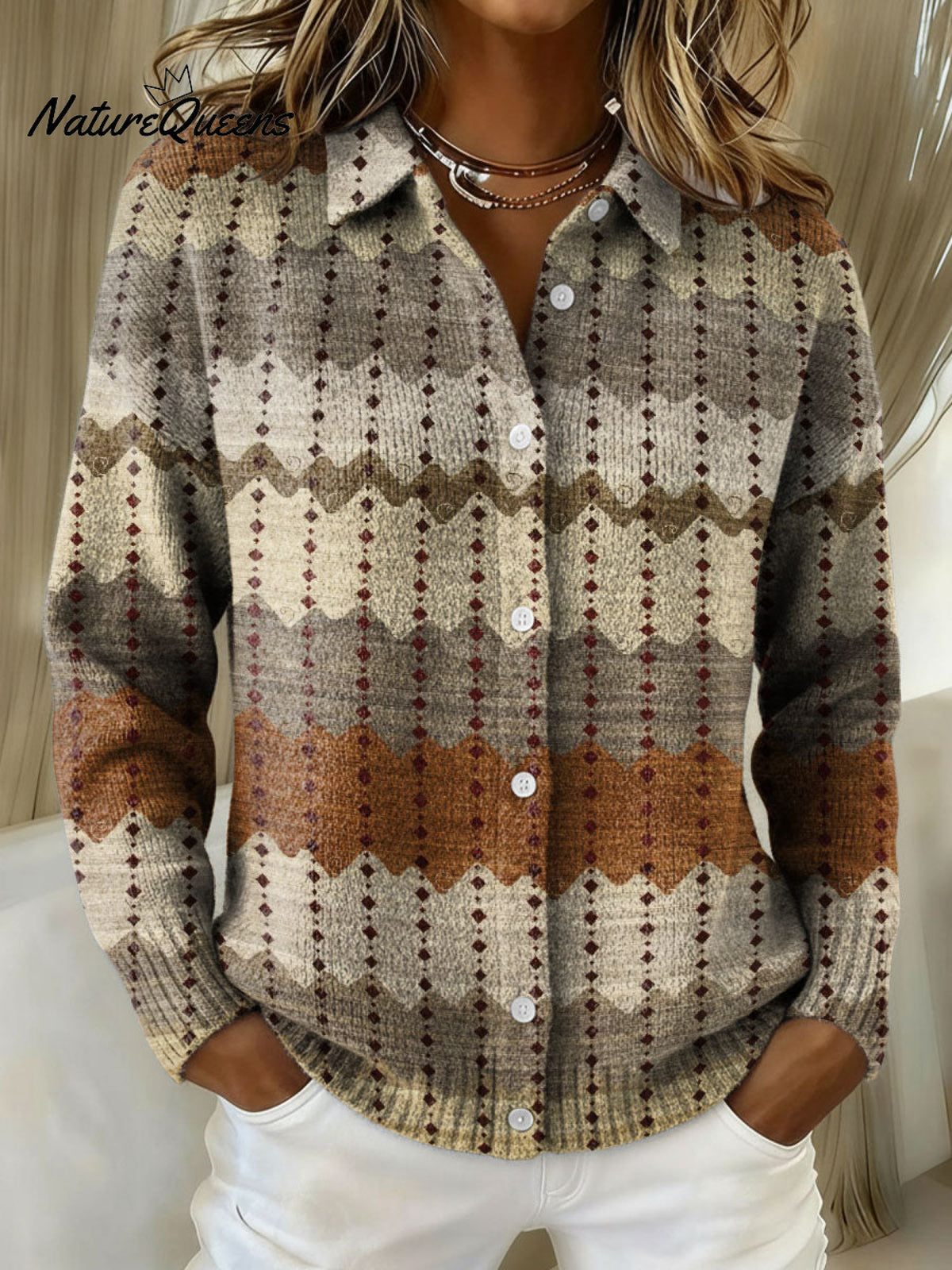 Geometric Zigzag Horizontal Stripe Decorative Pattern Casual Shirt Collar Long Sleeve Sweater