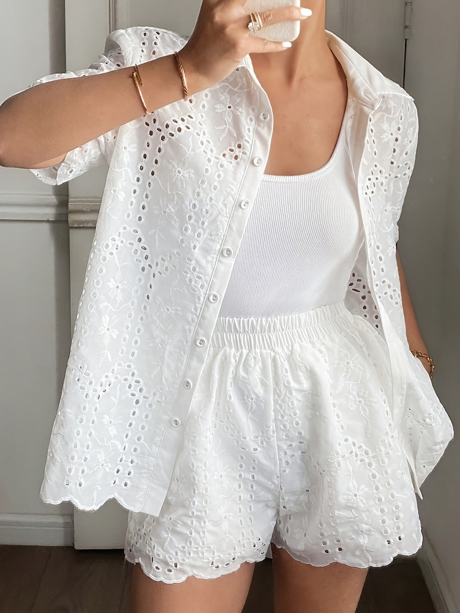 Embroidered Short-sleeved Collared Openwork Top And Shorts