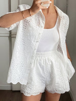 Embroidered Short-sleeved Collared Openwork Top And Shorts