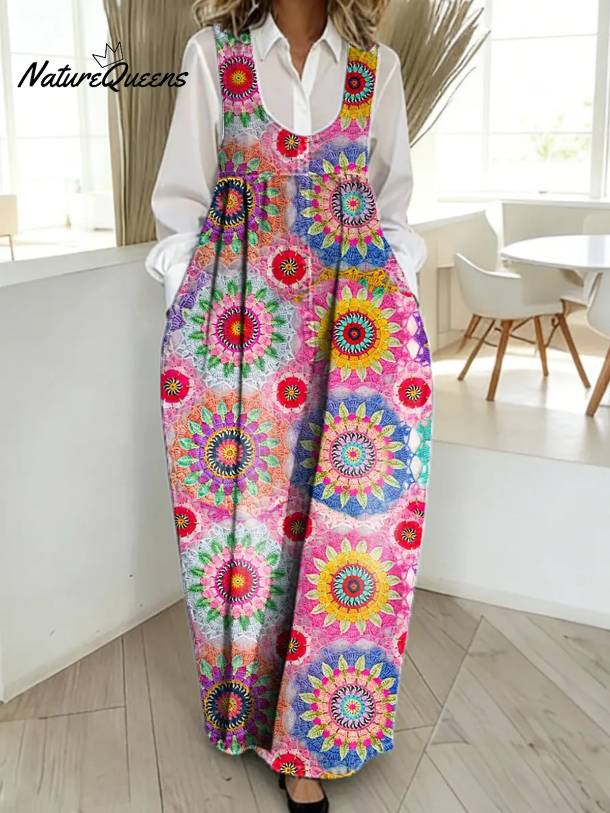 Women's Vintage Flower Pattern Art Print Casual Cotton Denim Dress