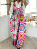 Women's Vintage Flower Pattern Art Print Casual Cotton Denim Dress