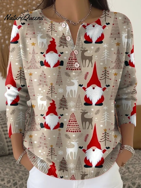 Women's Christmas Gnome Art Print Buttoned Cardigan Sweater