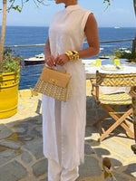 Women's Stylish Casual Elegant Resort Cotton Linen Front Slit Midi Top And Elastic Waist Loose Pants Set