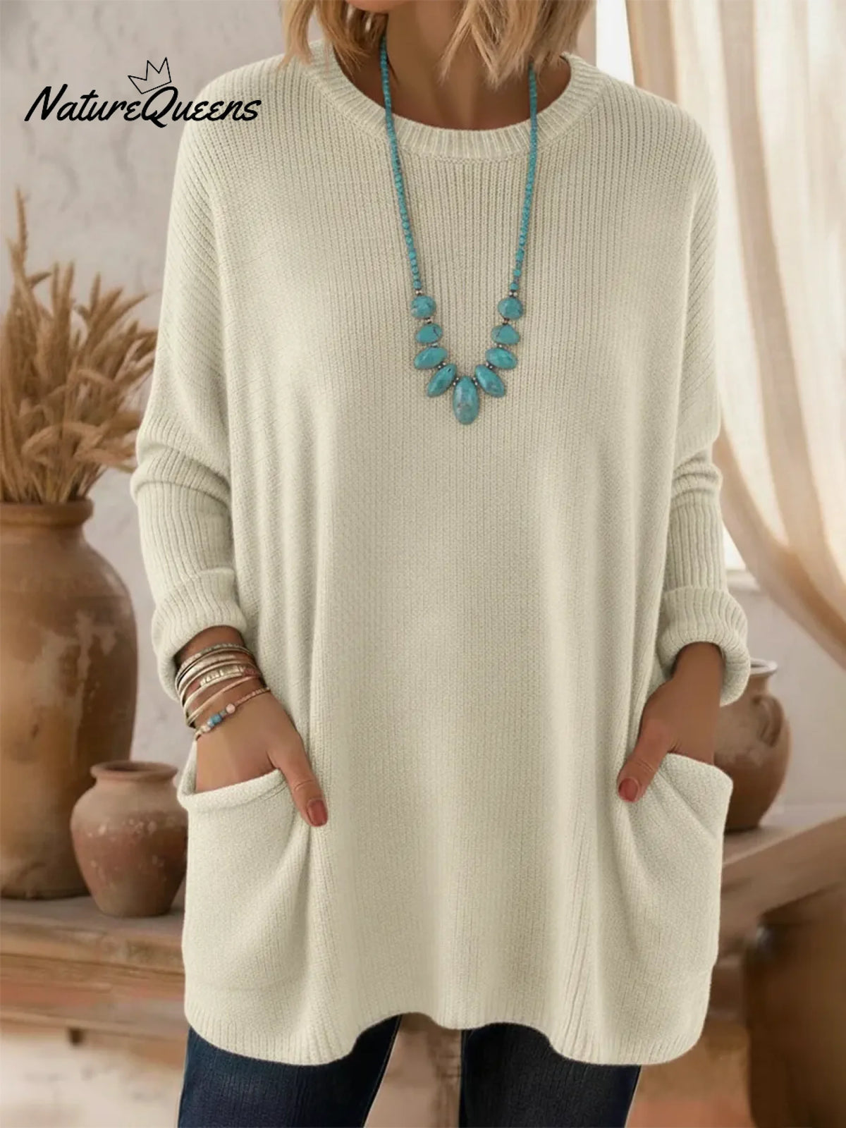 Cozy Loose-fitting Crew Neck Pocket Sweater Pullover