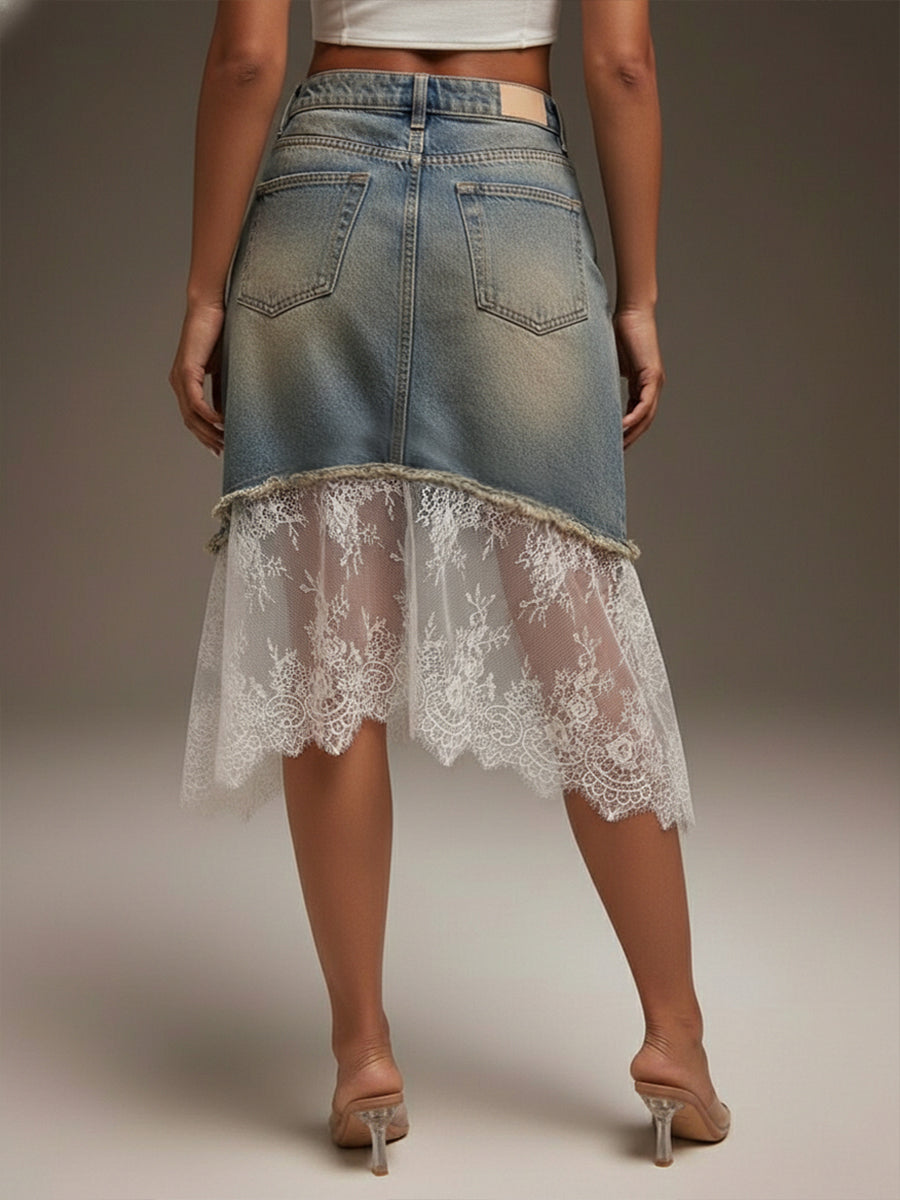 Casual Lace-paneled Denim Skirt