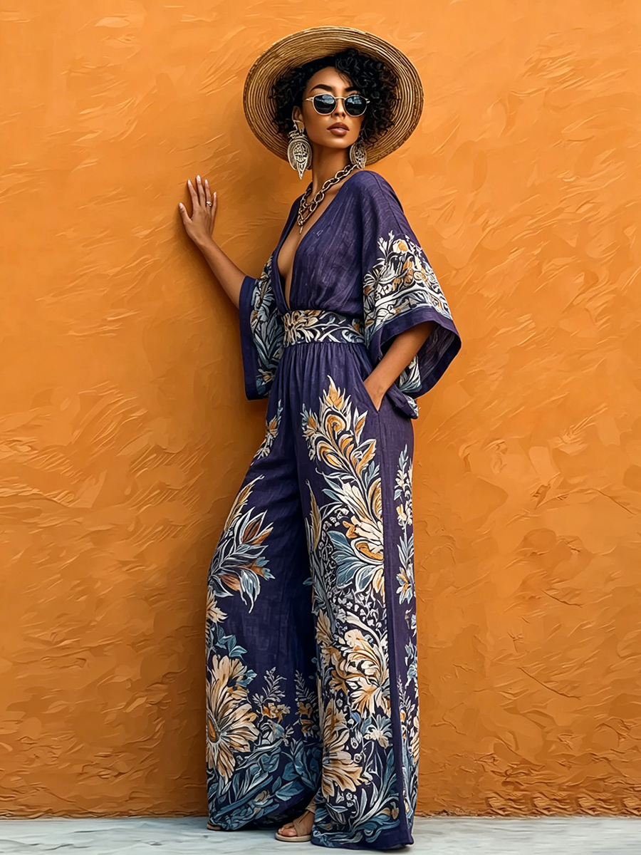 Boho Floral Print V-neck Wide-leg Jumpsuit
