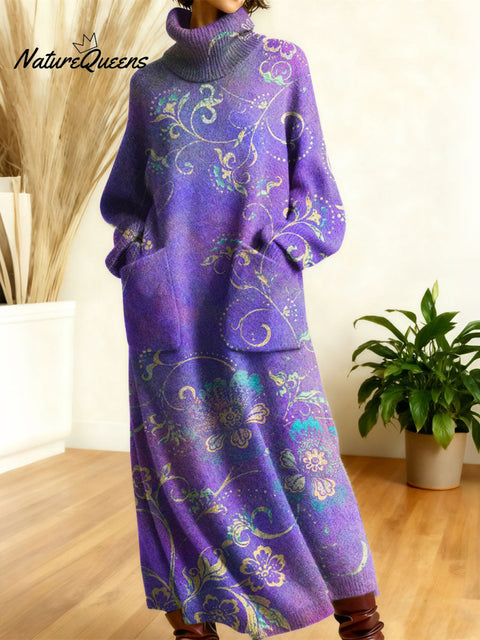 Women's Retro Flowers High-neck Long-sleeve Casual Loose Knit Dress