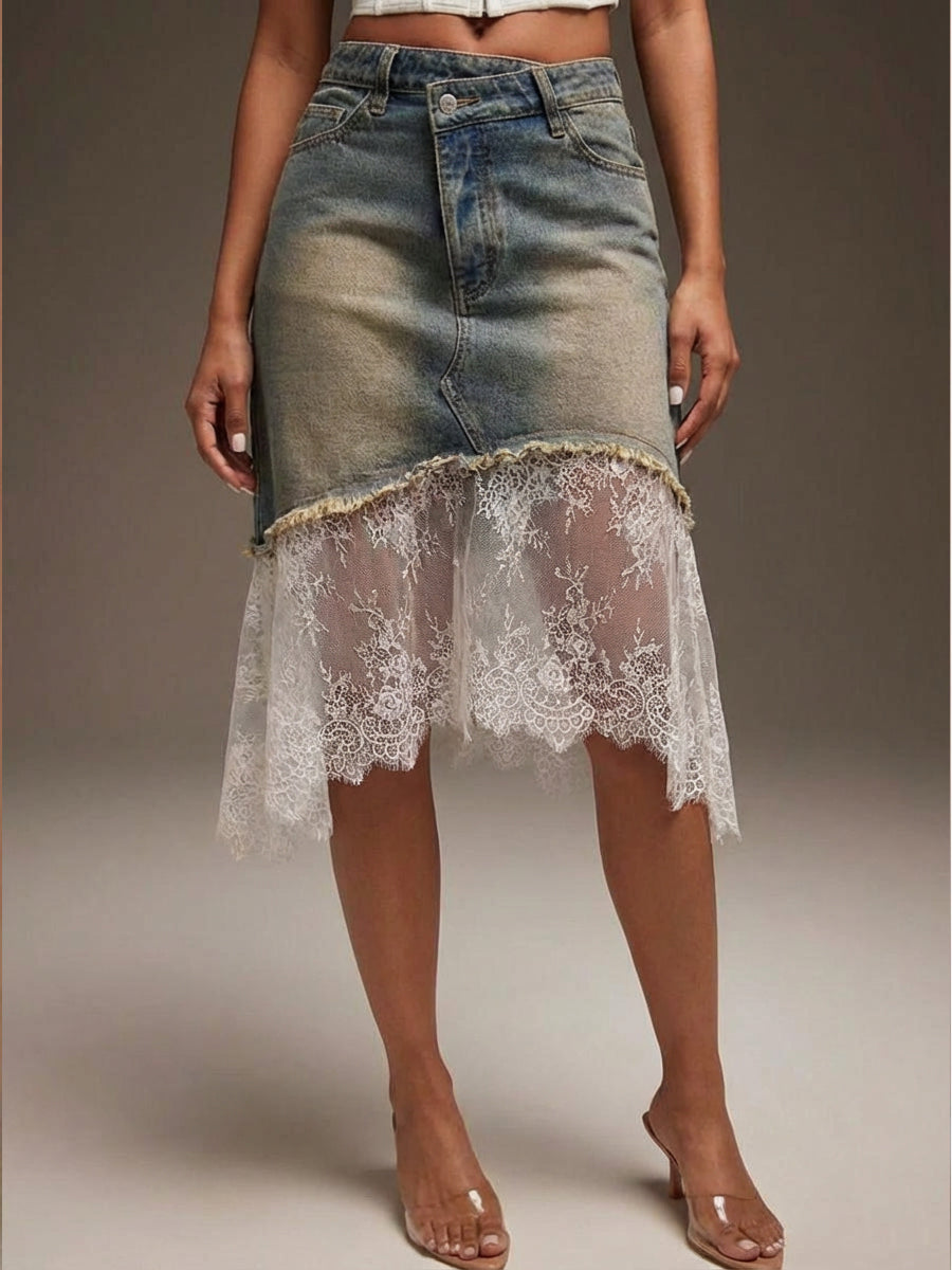 Casual Lace-paneled Denim Skirt
