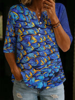 “Deep Sea Dream" Fish Print Henley Cotton T-shirt