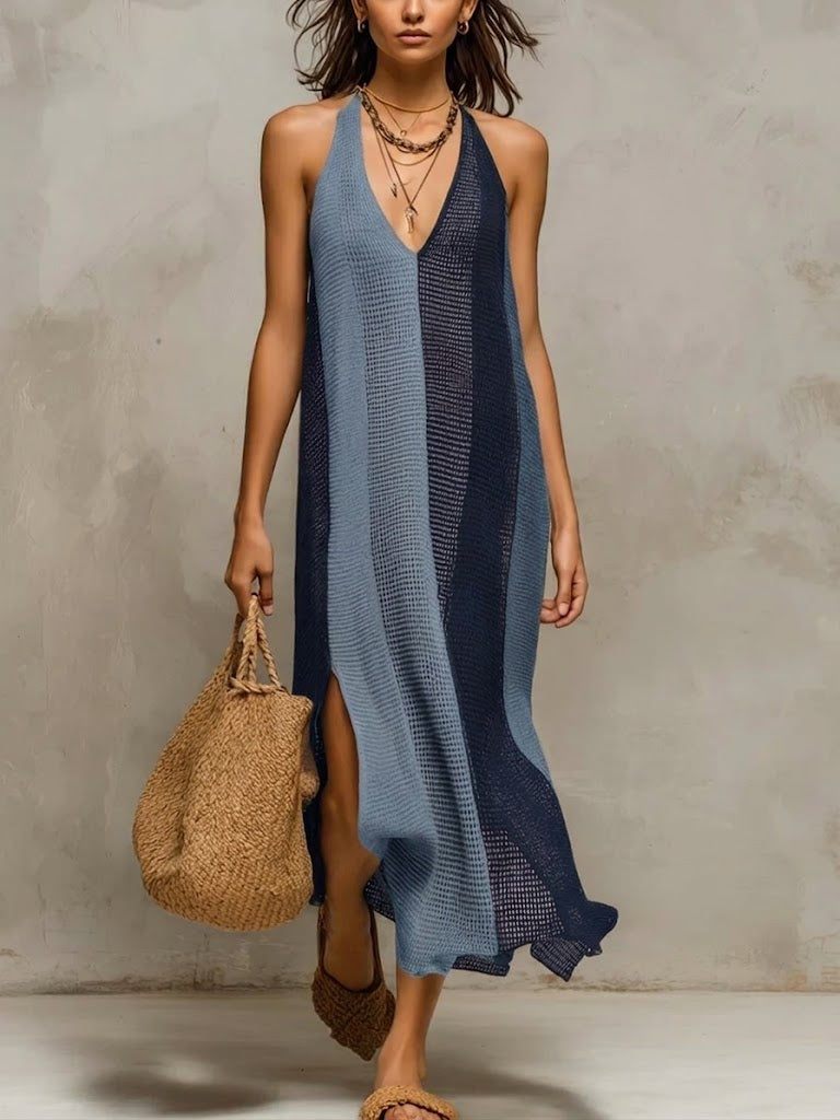 Bohemian Color-block Strappy Knit Dress