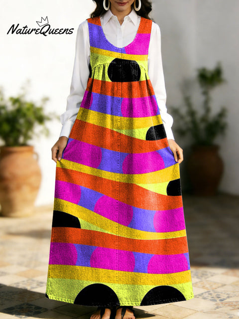 Women's Retro Geometry Colorful Square Pattern Art Print Casual Cotton Denim Dress