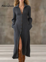 Women's Solid Color Shirt Collar Long Sleeve Casual Loose A-line Knit Dress