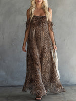 Leopard Print Cold Shoulder Chiffon Maxi Dress