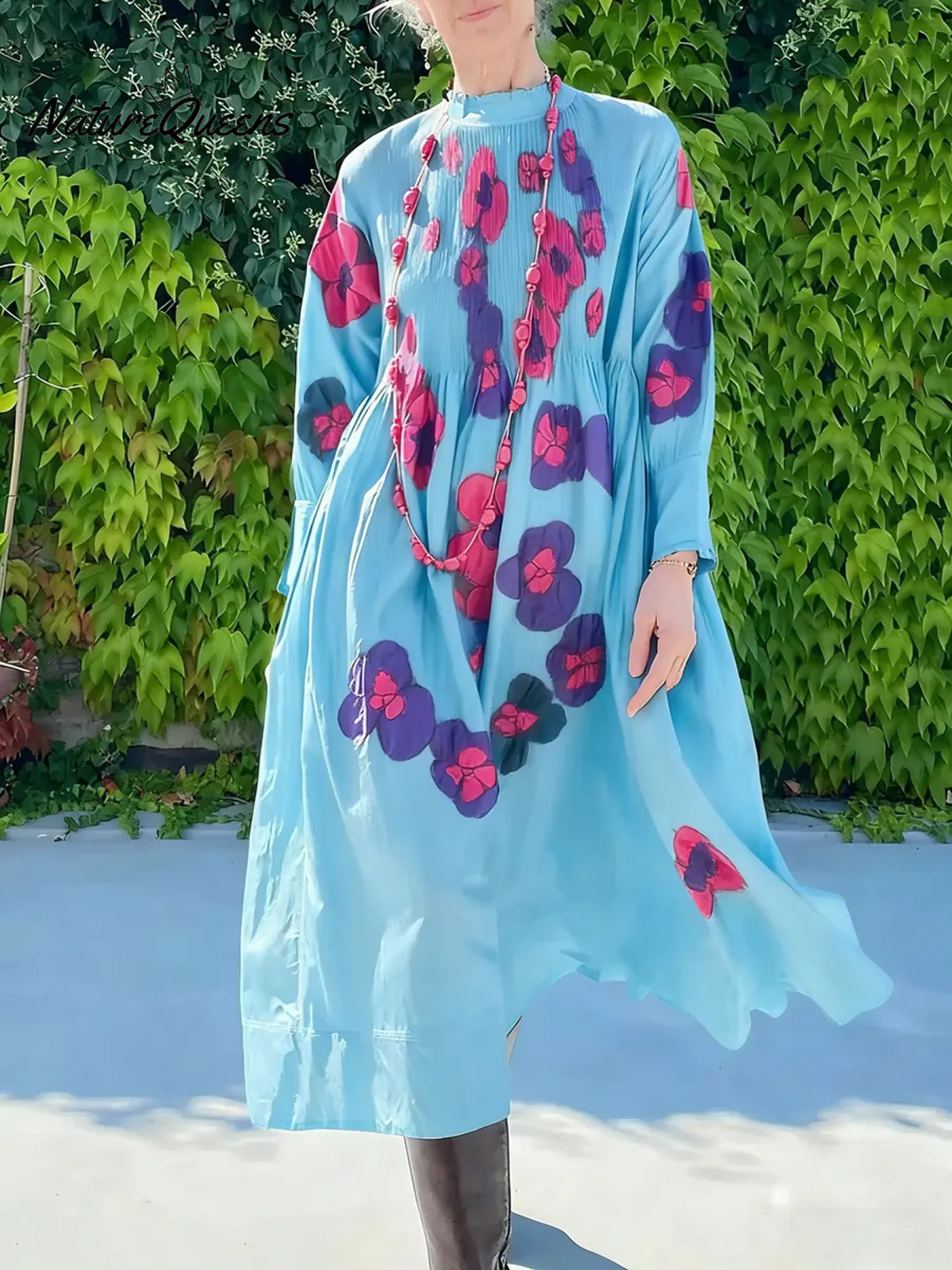 Women's Vintage-style Printed Stand-collar Long-sleeved Casual Loose Cotton Dress