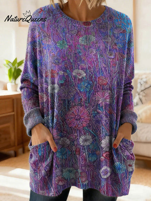 Women's Retro Floral Flower Ethnic Art Print Casual Cotton Knitted Sweater