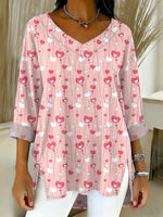 Women's Valentine's Day Heart-shaped Art Print Casual Washed Denim Cotton Top
