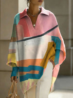 Women's Abstract Art Geometry Patterns V-neck Long-sleeved Casual Loose-fitting Knitted Pullover Sweater