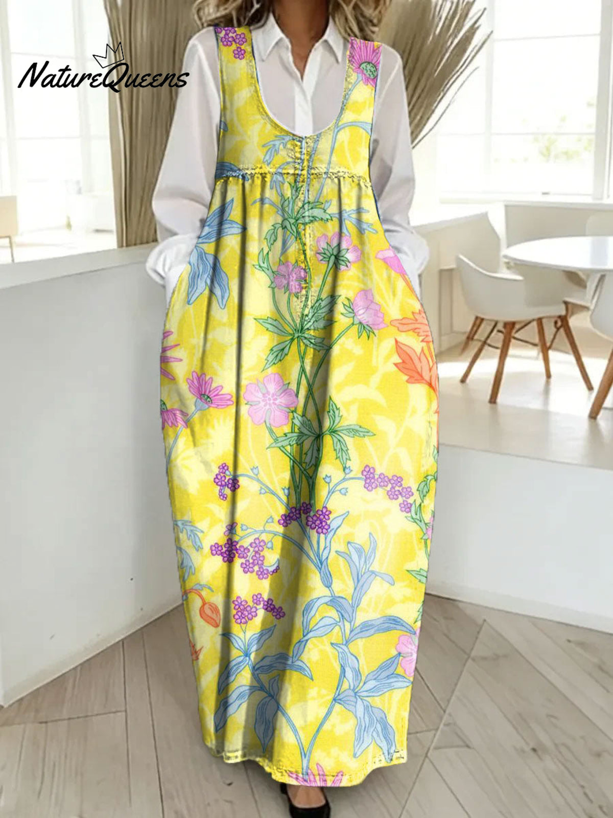 Women's Retro Splicing Colorful Flowers Floral Pattern Art Print Casual Cotton Denim Dress