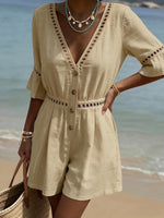 Cozy Cutout Lace Cotton-linen Short Romper Jumpsuit