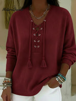 Boho Style Casual V-neck Drawstring Tassel Pullover