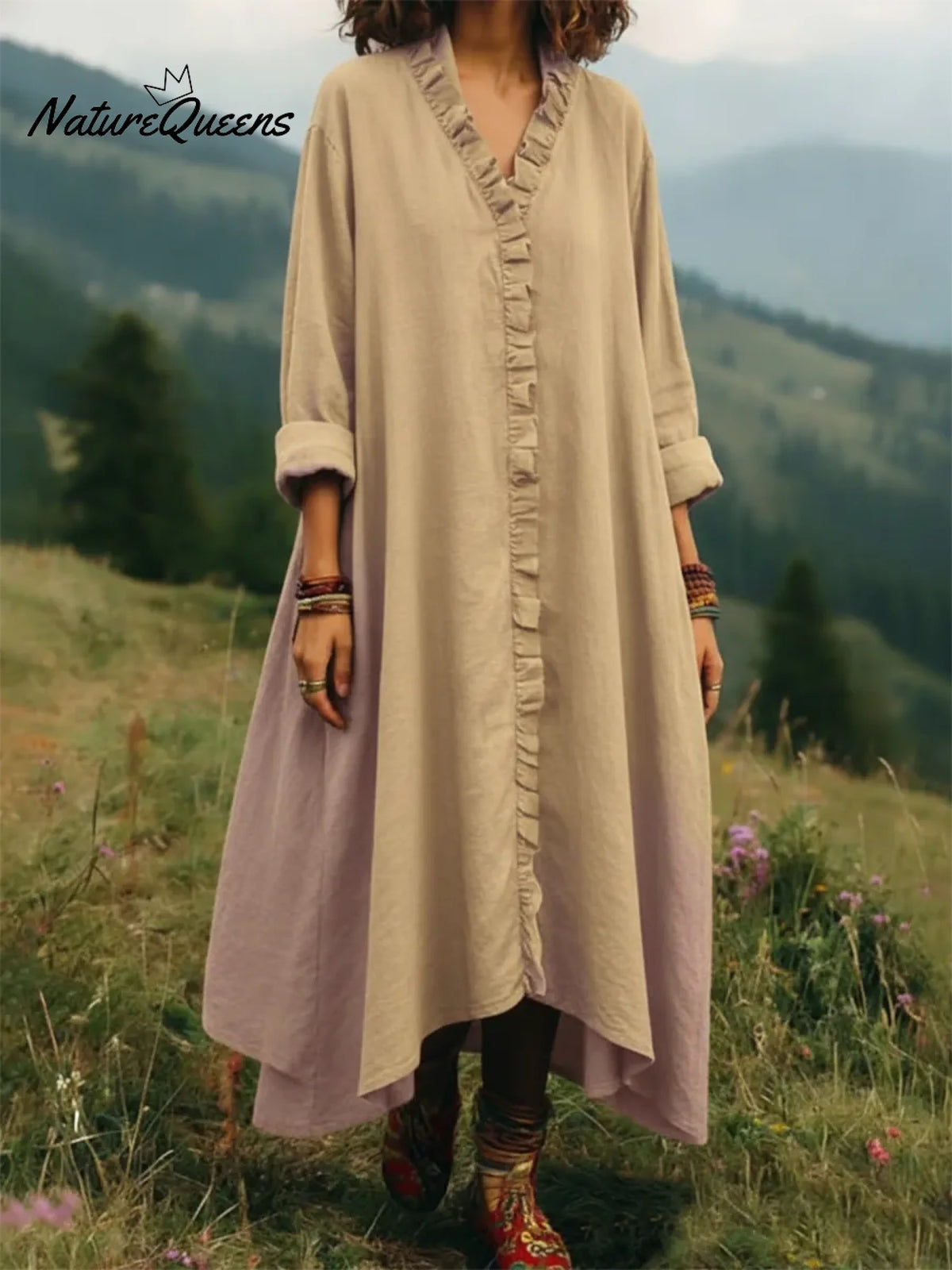 Vintage Casual Lace-trimmed V-neck Linen Dress