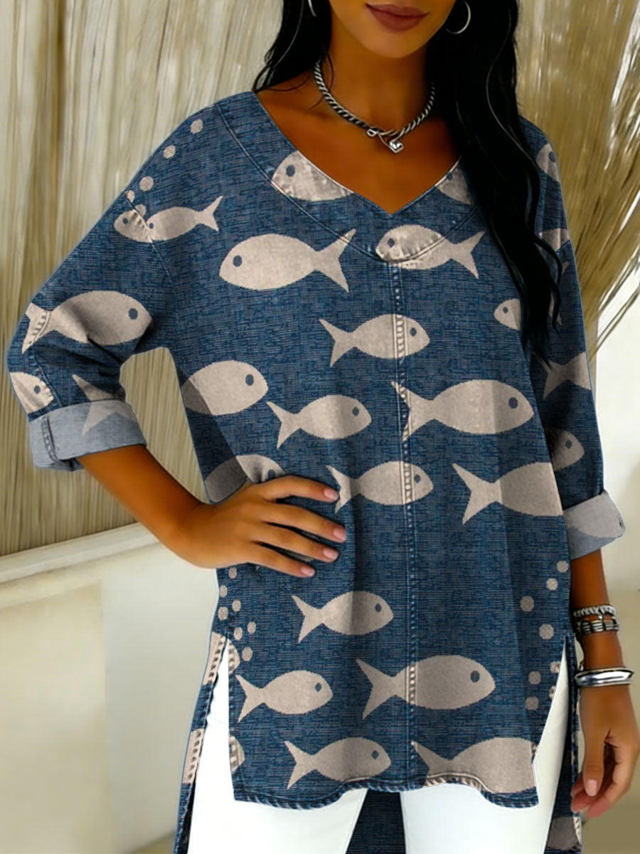 Denim Fish Decorative Pattern Women's Casual V Neck Collar Shirt