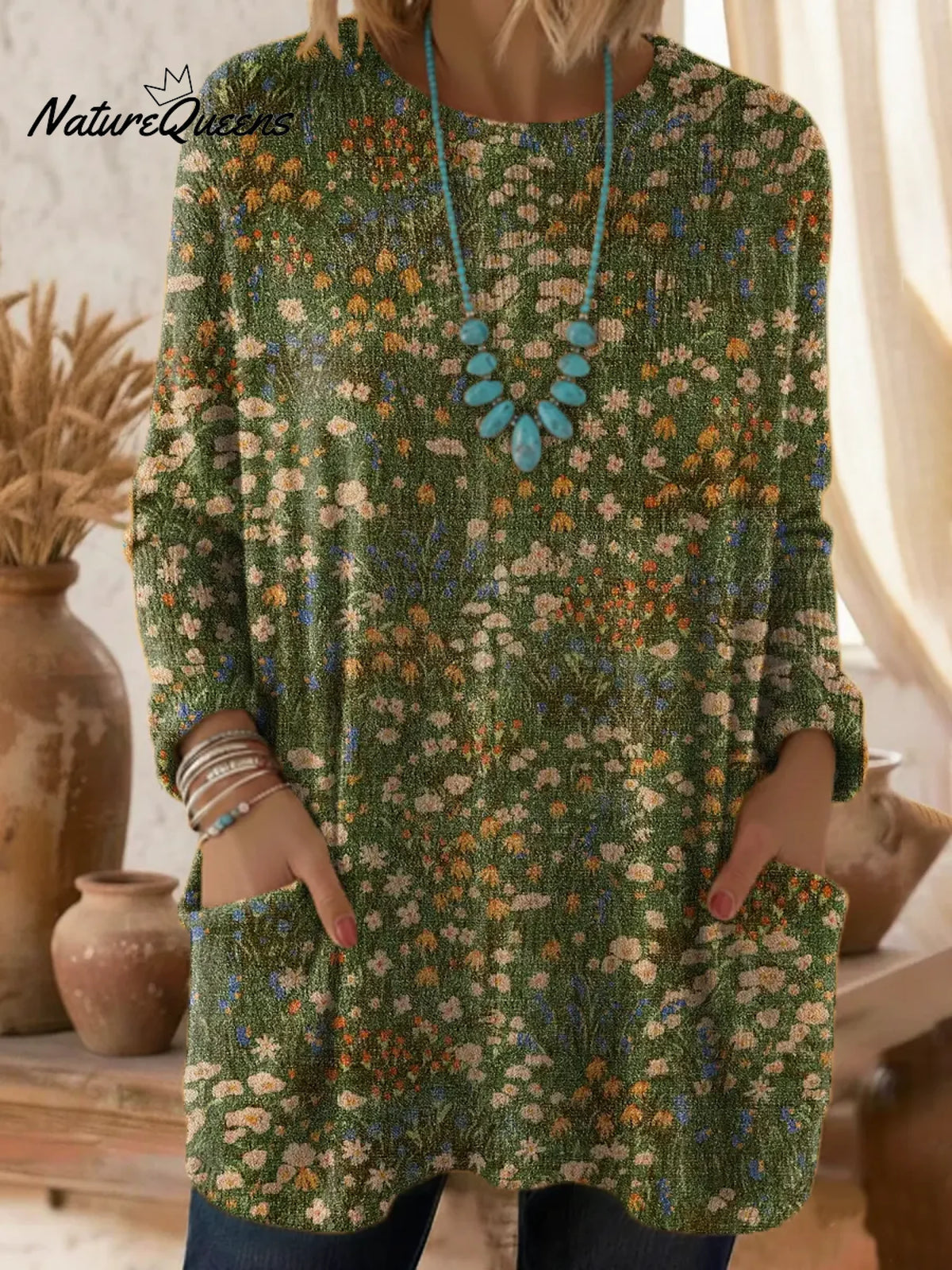 Women's Floral Pattern Art Print Casual Cotton Knitted Sweater