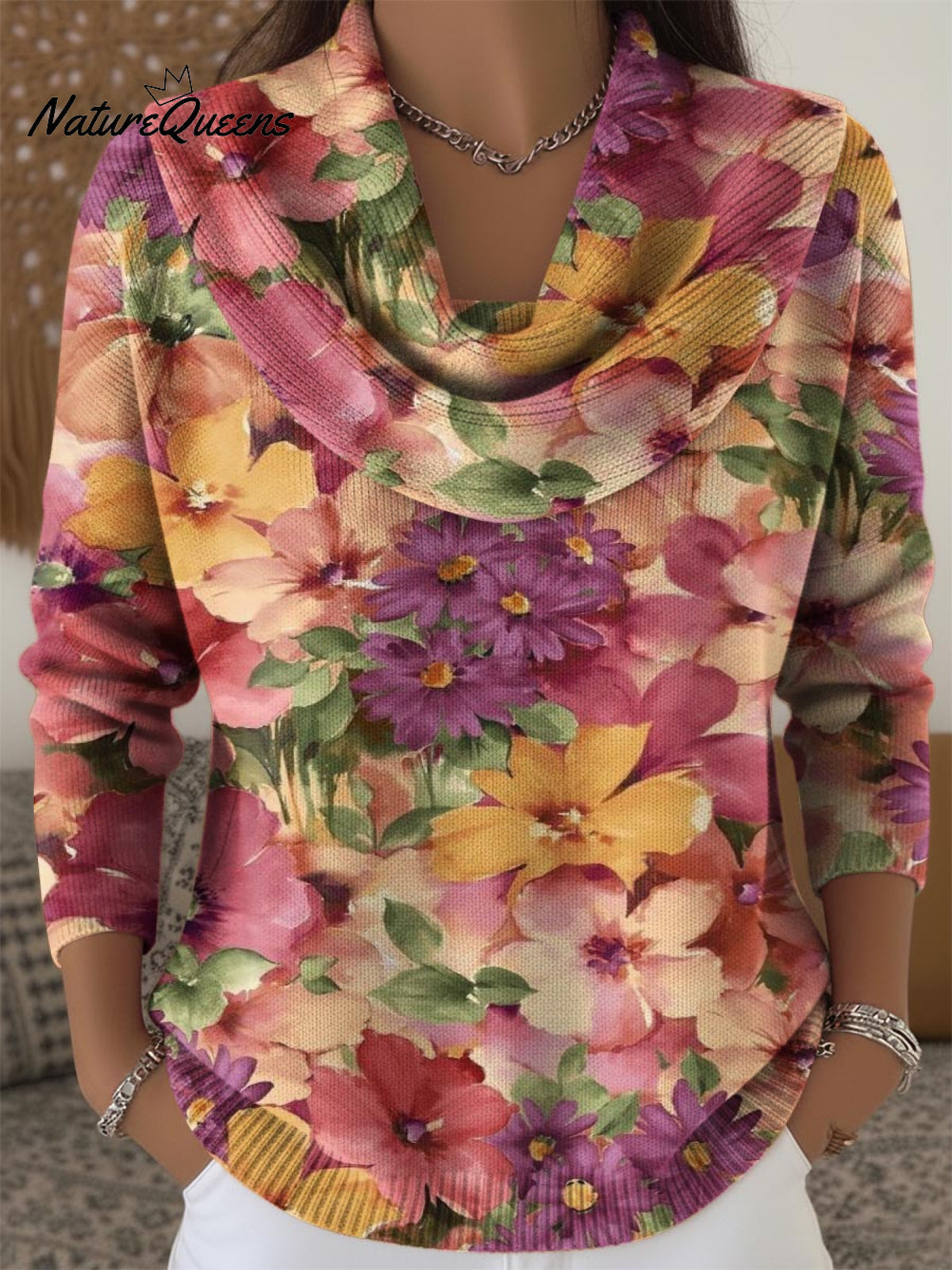 Beautiful Floral Decorative Patterns Women's Casual Swing Collar Long Sleeve Sweater