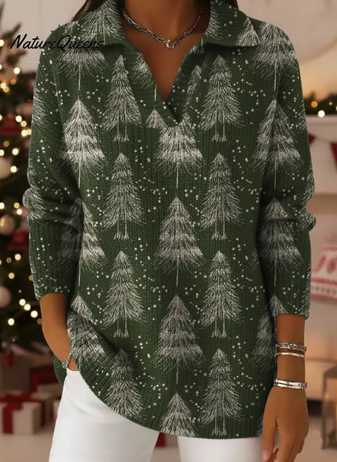 Green Christmas Tree Print Lapel Casual Knit Sweater