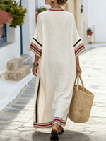 Women's Casual Loose Cotton-linen Dress With Placement Print V-neck And 3/4 Sleeves