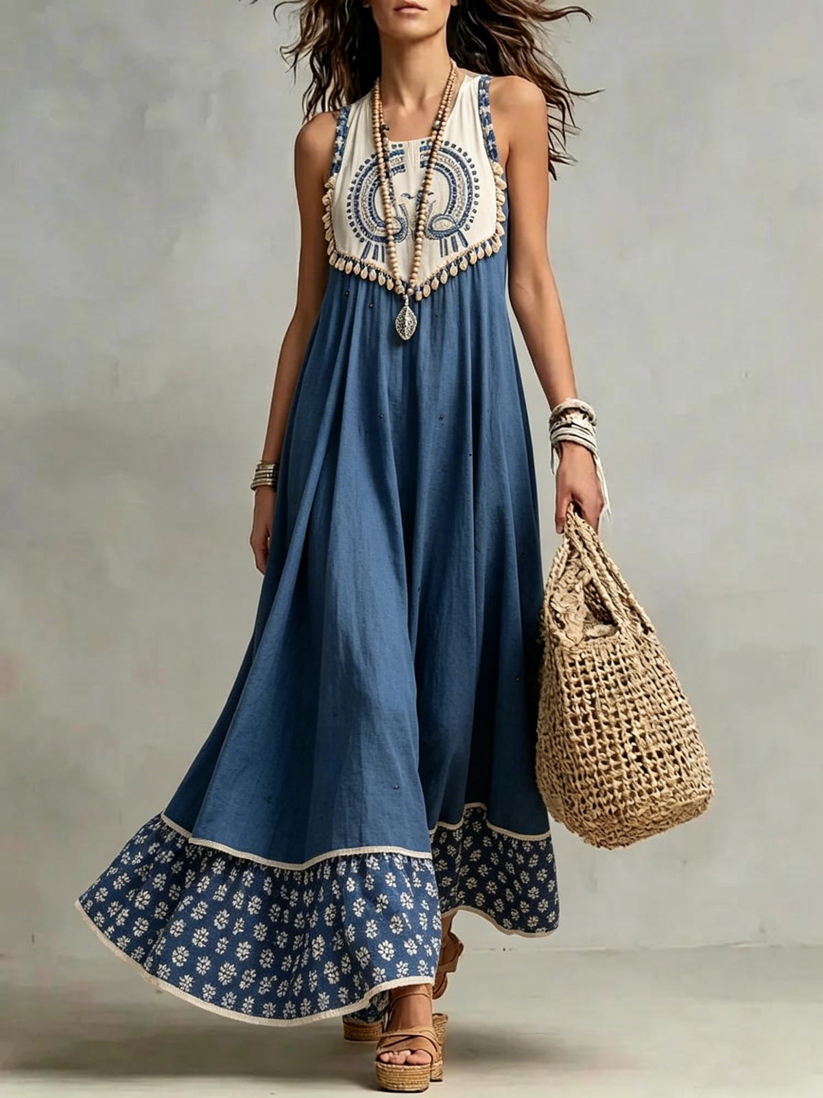 Exotic-style Color-block Print Maxi Beach Dress With Tassel Trim — Loose-fit And Slimming