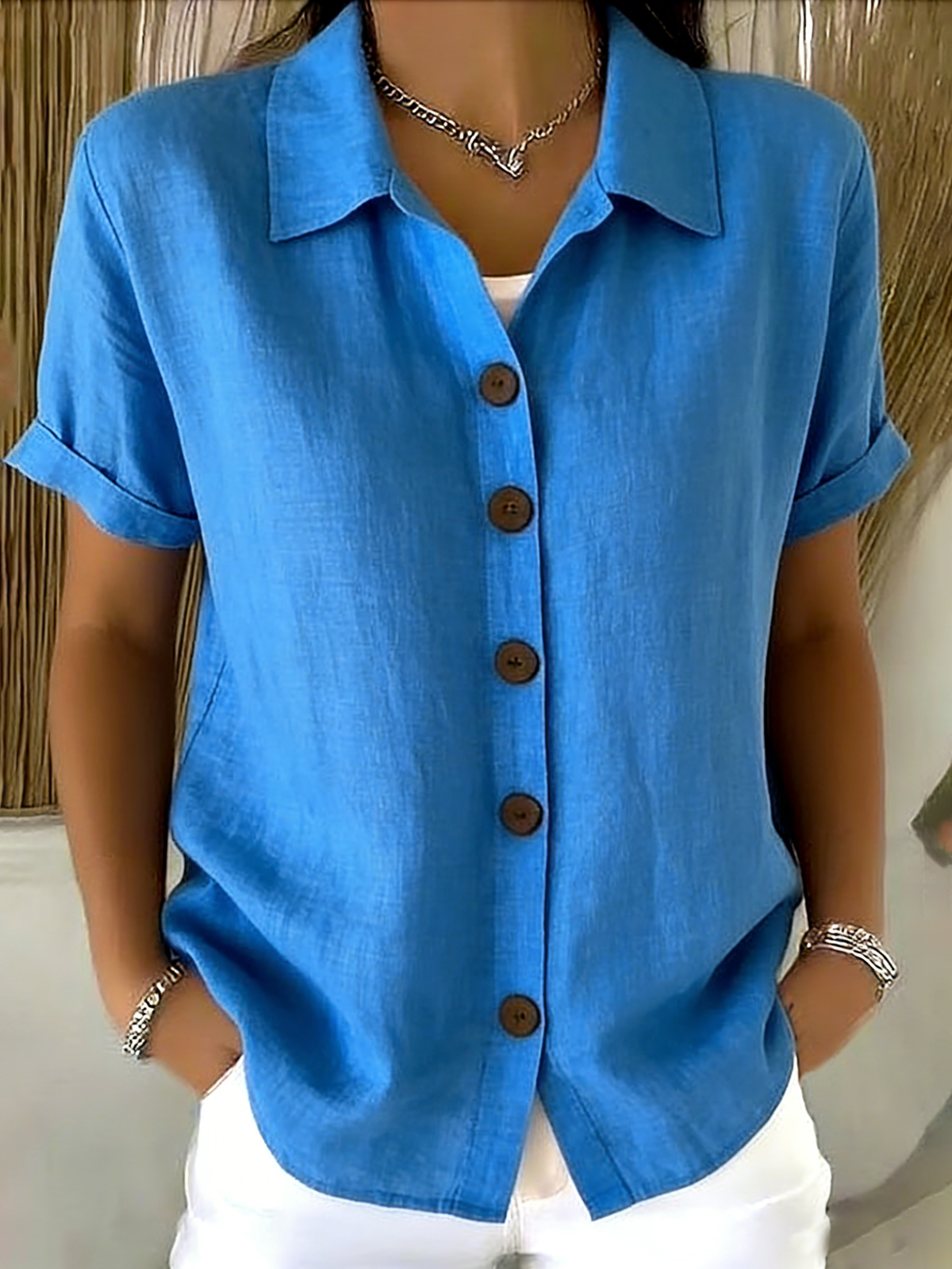 Casual Cozy Basic Button-up Linen-cotton Short-sleeved Shirt