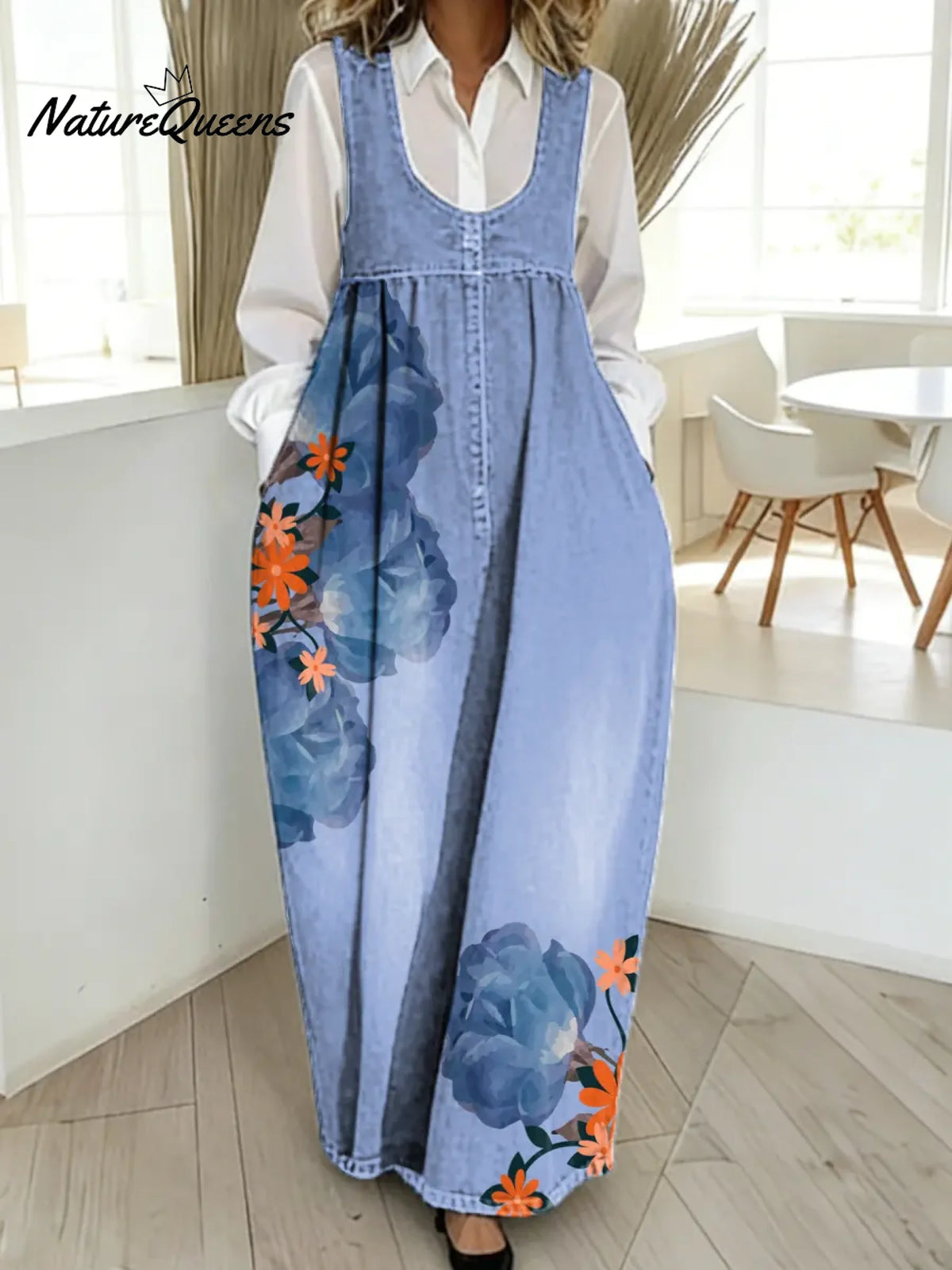 Women's Floral Pattern Art Print Casual Cotton Denim Dress