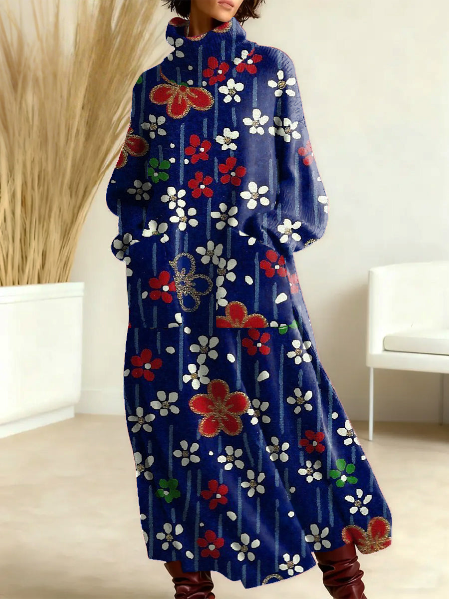 Women's RetroFloral Pattern Art Print Casual Cotton Knitted Dress