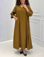 Women's V-Neck Short-Sleeve Linen-Blend Loose Maxi Dress