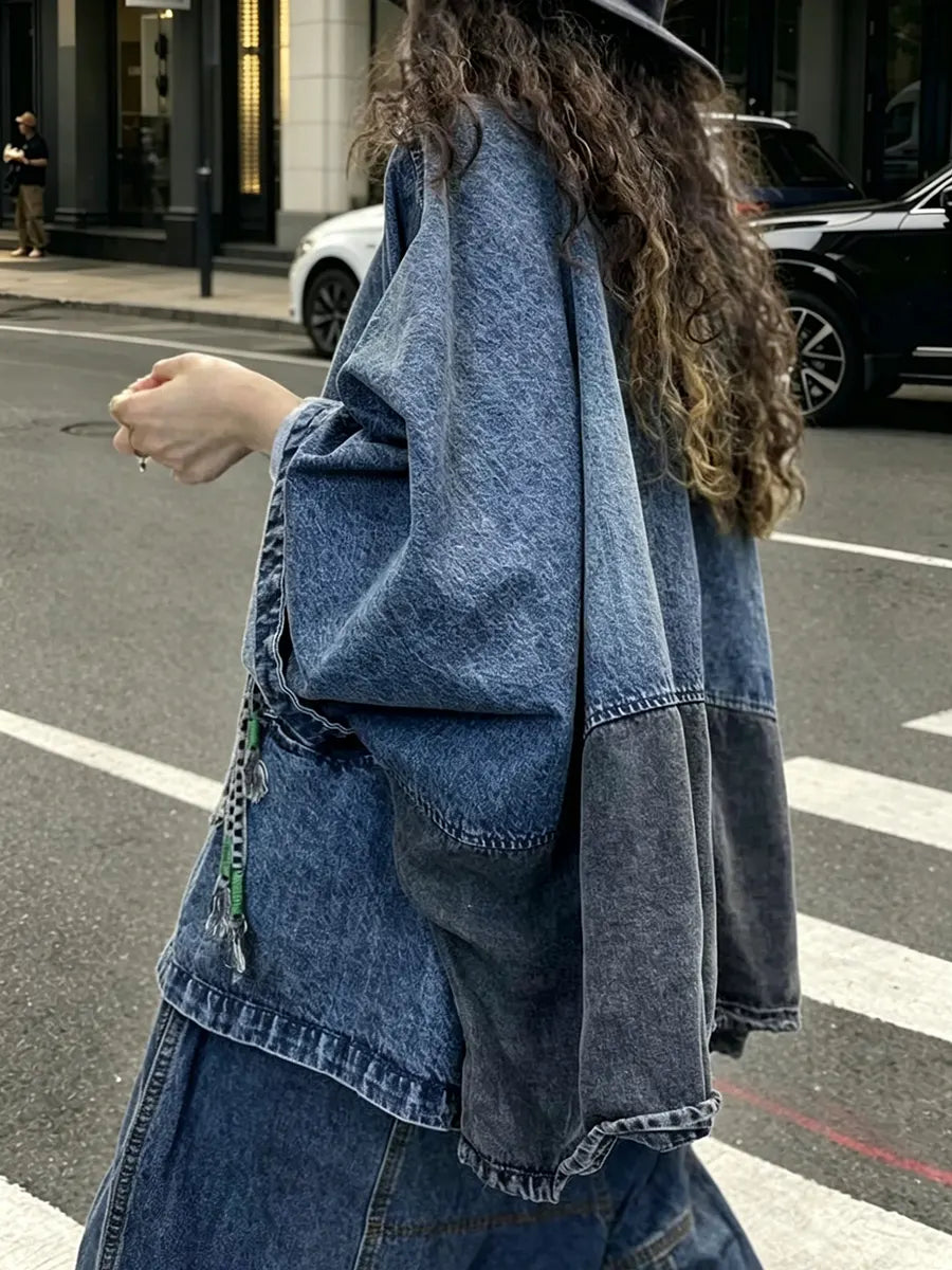Loose Blue V Neck Button Patchwork Denim Coats Long Sleeve