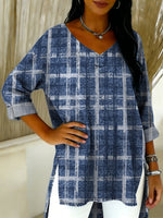 Geometric Grid And Stripe Decorative Patterns Women's Casual V Neck Collar Shirt