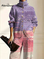 Women's Gradient Color Art Print Casual Cotton Knitted Suits