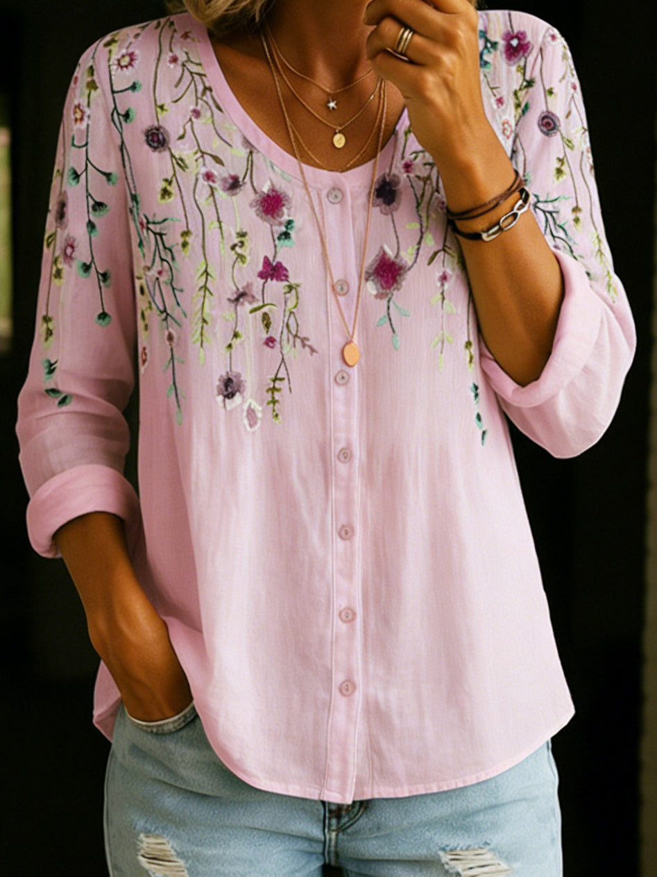 Vintage Bouquet Waterfall Cotton Linen Shirt Blouse