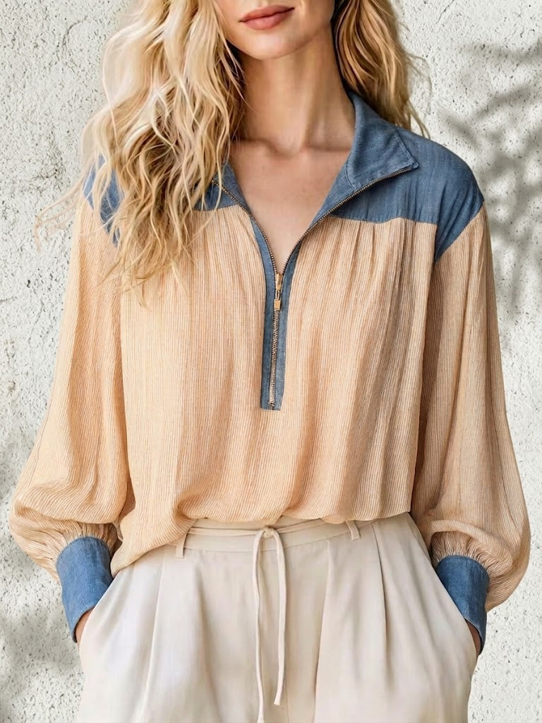 Stylish Casual Denim And Chiffon Half-zip Top