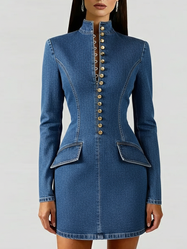 Elegant Stand-collar Button-up Denim Mini Dress